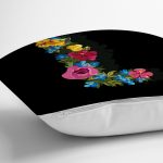 - Rh-K9604-Gorsel3 - Realhomes Siyah Zemin Renkli Gül Temalı L Harfi Özel Tasarım Dijital Baskılı Yastık Kırlent Kılıfı Realhomes