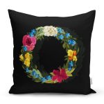 Siyah Zemin Renkli Gül Temalı O Harfi Özel Tasarım Dijital Baskılı Yastık Kırlent Kılıfı Realhomes