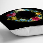 Siyah Zemin Renkli Gül Temalı O Harfi Özel Tasarım Dijital Baskılı Yastık Kırlent Kılıfı Realhomes