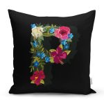 Siyah Zemin Renkli Gül Temalı P Harfi Özel Tasarım Dijital Baskılı Yastık Kırlent Kılıfı Realhomes