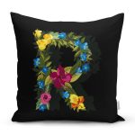 Siyah Zemin Renkli Gül Temalı R Harfi Özel Tasarım Dijital Baskılı Yastık Kırlent Kılıfı Realhomes