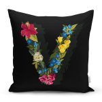 Siyah Zemin Renkli Gül Temalı V Harfi Özel Tasarım Dijital Baskılı Yastık Kırlent Kılıfı Realhomes