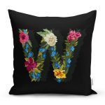 Siyah Zemin Renkli Gül Temalı W Harfi Özel Tasarım Dijital Baskılı Yastık Kırlent Kılıfı Realhomes