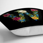 Siyah Zemin Renkli Gül Temalı W Harfi Özel Tasarım Dijital Baskılı Yastık Kırlent Kılıfı Realhomes