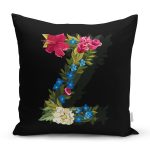 - Rh-K9621-Gorsel1 - Realhomes  Siyah Zemin Renkli Gül Temalı Z Harfi Özel Tasarım Dijital Baskılı Yastık Kırlent Kılıfı Realhomes