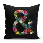 Siyah Zemin Renkli Gül Temalı & Harfi Özel Tasarım Dijital Baskılı Yastık Kırlent Kılıfı Realhomes