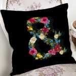 Siyah Zemin Renkli Gül Temalı & Harfi Özel Tasarım Dijital Baskılı Yastık Kırlent Kılıfı Realhomes