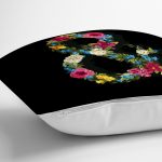 Siyah Zemin Renkli Gül Temalı & Harfi Özel Tasarım Dijital Baskılı Yastık Kırlent Kılıfı Realhomes