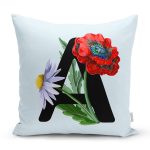 Mavi Zemin Çiçek Desenli Siyah A Harfi Özel Tasarım Dijital Baskılı Yastık Kırlent Kılıfı Realhomes