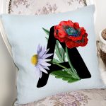 Mavi Zemin Çiçek Desenli Siyah A Harfi Özel Tasarım Dijital Baskılı Yastık Kırlent Kılıfı Realhomes