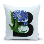 Mavi Zemin Çiçek Desenli Siyah B Harfi Özel Tasarım Dijital Baskılı Yastık Kırlent Kılıfı Realhomes