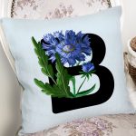 Mavi Zemin Çiçek Desenli Siyah B Harfi Özel Tasarım Dijital Baskılı Yastık Kırlent Kılıfı Realhomes