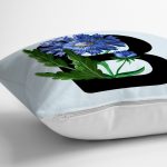 Mavi Zemin Çiçek Desenli Siyah B Harfi Özel Tasarım Dijital Baskılı Yastık Kırlent Kılıfı Realhomes