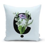 Mavi Zemin Çiçek Desenli Siyah Ç Harfi Özel Tasarım Dijital Baskılı Yastık Kırlent Kılıfı Realhomes