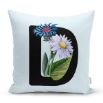 Mavi Zemin Çiçek Desenli Siyah D Harfi Özel Tasarım Dijital Baskılı Yastık Kırlent Kılıfı Realhomes