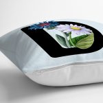 Mavi Zemin Çiçek Desenli Siyah D Harfi Özel Tasarım Dijital Baskılı Yastık Kırlent Kılıfı Realhomes