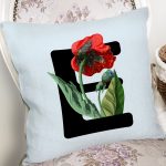 Mavi Zemin Çiçek Desenli Siyah E Harfi Özel Tasarım Dijital Baskılı Yastık Kırlent Kılıfı Realhomes