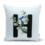 Mavi Zemin Çiçek Desenli Siyah H Harfi Özel Tasarım Dijital Baskılı Yastık Kırlent Kılıfı Realhomes