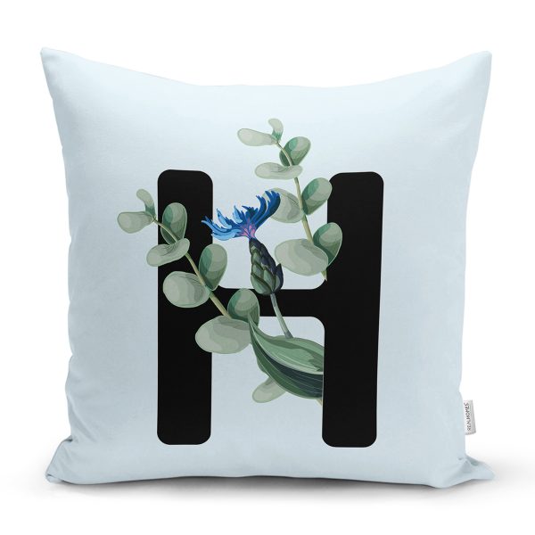- Rh-K9631-Gorsel1 - Realhomes  Mavi Zemin Çiçek Desenli Siyah G Harfi Özel Tasarım Dijital Baskılı Yastık Kırlent Kılıfı Realhomes