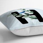 Mavi Zemin Çiçek Desenli Siyah H Harfi Özel Tasarım Dijital Baskılı Yastık Kırlent Kılıfı Realhomes