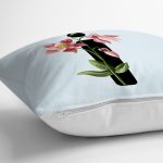 Mavi Zemin Çiçek Desenli Siyah İ Harfi Özel Tasarım Dijital Baskılı Yastık Kırlent Kılıfı Realhomes