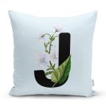 Mavi Zemin Çiçek Desenli Siyah J Harfi Özel Tasarım Dijital Baskılı Yastık Kırlent Kılıfı Realhomes