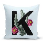 - Rh-K9635-Gorsel1 - Realhomes  Mavi Zemin Çiçek Desenli Siyah K Harfi Özel Tasarım Dijital Baskılı Yastık Kırlent Kılıfı Realhomes