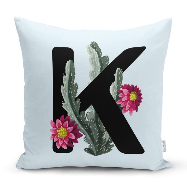 - Rh-K9635-Gorsel1 - Realhomes  Mavi Zemin Çiçek Desenli Siyah L Harfi Özel Tasarım Dijital Baskılı Yastık Kırlent Kılıfı Realhomes