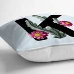 - Rh-K9635-Gorsel3 - Realhomes  Mavi Zemin Çiçek Desenli Siyah K Harfi Özel Tasarım Dijital Baskılı Yastık Kırlent Kılıfı Realhomes