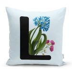 - Rh-K9636-Gorsel1 - Realhomes  Mavi Zemin Çiçek Desenli Siyah L Harfi Özel Tasarım Dijital Baskılı Yastık Kırlent Kılıfı Realhomes