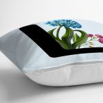 - Rh-K9636-Gorsel3 - Realhomes  Mavi Zemin Çiçek Desenli Siyah L Harfi Özel Tasarım Dijital Baskılı Yastık Kırlent Kılıfı Realhomes