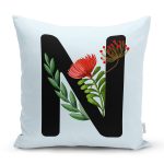 - Rh-K9638-Gorsel1 - Realhomes Mavi Zemin Çiçek Desenli Siyah N Harfi Özel Tasarım Dijital Baskılı Yastık Kırlent Kılıfı Realhomes