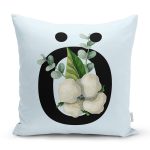 - Rh-K9640-Gorsel1 - Realhomes  Mavi Zemin Çiçek Desenli Siyah Ö Harfi Özel Tasarım Dijital Baskılı Yastık Kırlent Kılıfı Realhomes