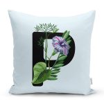 Mavi Zemin Çiçek Desenli Siyah P Harfi Özel Tasarım Dijital Baskılı Yastık Kırlent Kılıfı Realhomes