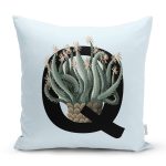 Mavi Zemin Çiçek Desenli Siyah Q Harfi Özel Tasarım Dijital Baskılı Yastık Kırlent Kılıfı Realhomes