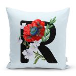 - Rh-K9643-Gorsel1 - Realhomes Mavi Zemin Çiçek Desenli Siyah R Harfi Özel Tasarım Dijital Baskılı Yastık Kırlent Kılıfı Realhomes