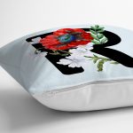 - Rh-K9643-Gorsel3 - Realhomes Mavi Zemin Çiçek Desenli Siyah R Harfi Özel Tasarım Dijital Baskılı Yastık Kırlent Kılıfı Realhomes