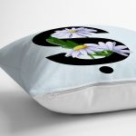 Mavi Zemin Çiçek Desenli Siyah Ş Harfi Özel Tasarım Dijital Baskılı Yastık Kırlent Kılıfı Realhomes