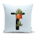 Mavi Zemin Çiçek Desenli Siyah T Harfi Özel Tasarım Dijital Baskılı Yastık Kırlent Kılıfı Realhomes