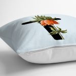 Mavi Zemin Çiçek Desenli Siyah T Harfi Özel Tasarım Dijital Baskılı Yastık Kırlent Kılıfı Realhomes