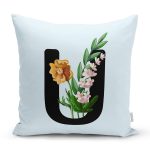 Mavi Zemin Çiçek Desenli Siyah U Harfi Özel Tasarım Dijital Baskılı Yastık Kırlent Kılıfı Realhomes