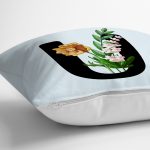 Mavi Zemin Çiçek Desenli Siyah U Harfi Özel Tasarım Dijital Baskılı Yastık Kırlent Kılıfı Realhomes