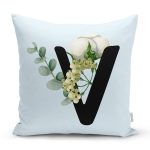- Rh-K9649-Gorsel1 - Realhomes Mavi Zemin Çiçek Desenli Siyah V Harfi Özel Tasarım Dijital Baskılı Yastık Kırlent Kılıfı Realhomes