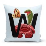 Mavi Zemin Çiçek Desenli Siyah W Harfi Özel Tasarım Dijital Baskılı Yastık Kırlent Kılıfı Realhomes