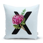 - Rh-K9651-Gorsel1 - Realhomes Mavi Zemin Çiçek Desenli Siyah X Harfi Özel Tasarım Dijital Baskılı Yastık Kırlent Kılıfı Realhomes