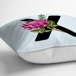 - Rh-K9651-Gorsel3 - Realhomes Mavi Zemin Çiçek Desenli Siyah X Harfi Özel Tasarım Dijital Baskılı Yastık Kırlent Kılıfı Realhomes