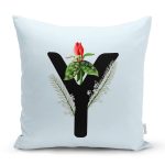 Mavi Zemin Çiçek Desenli Siyah Y Harfi Özel Tasarım Dijital Baskılı Yastık Kırlent Kılıfı Realhomes