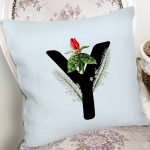 Mavi Zemin Çiçek Desenli Siyah Y Harfi Özel Tasarım Dijital Baskılı Yastık Kırlent Kılıfı Realhomes