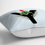 Mavi Zemin Çiçek Desenli Siyah Y Harfi Özel Tasarım Dijital Baskılı Yastık Kırlent Kılıfı Realhomes