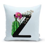 Mavi Zemin Çiçek Desenli Siyah Z Harfi Özel Tasarım Dijital Baskılı Yastık Kırlent Kılıfı Realhomes